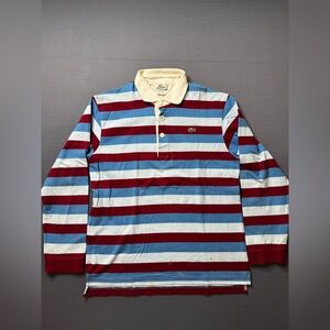Lacoste Polo Shirt Mens S Red Blue White Stripped Pattern 3-Button Long Sleeve